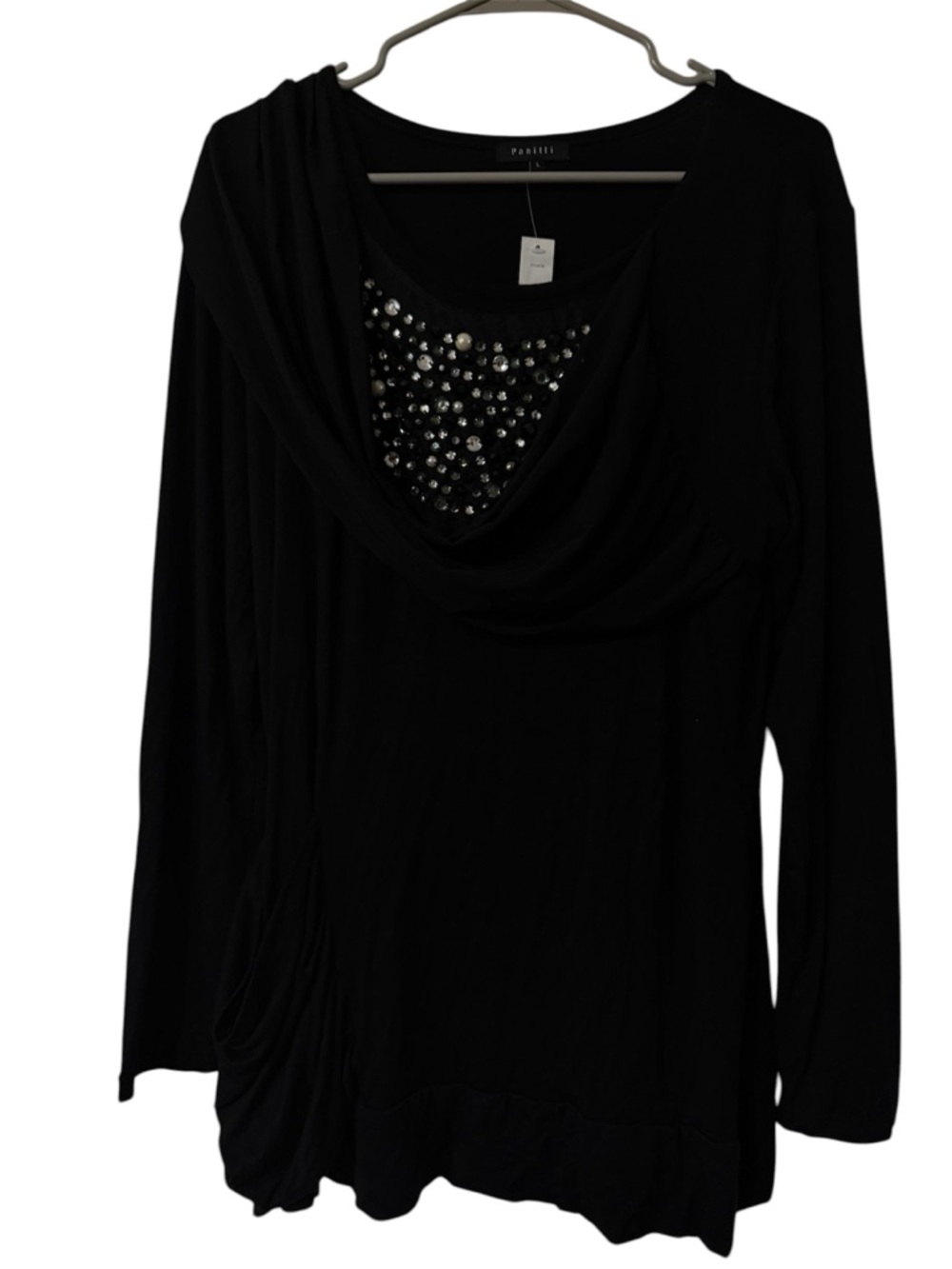 Black Draped Long-Sleeve Top with Embellished Neckline